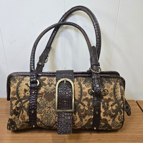 Emilie M. Tapestry Barrel Baguette Handbag Faux Crocodile Embossed Trim Purse - Picture 1 of 9
